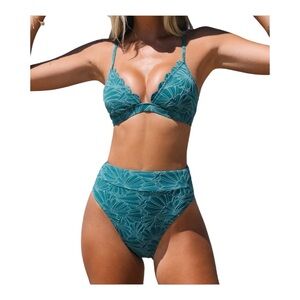 CUPSHE Cyan High Waisted Scalloped V Neck Bikini Set Women Size M NWOT
